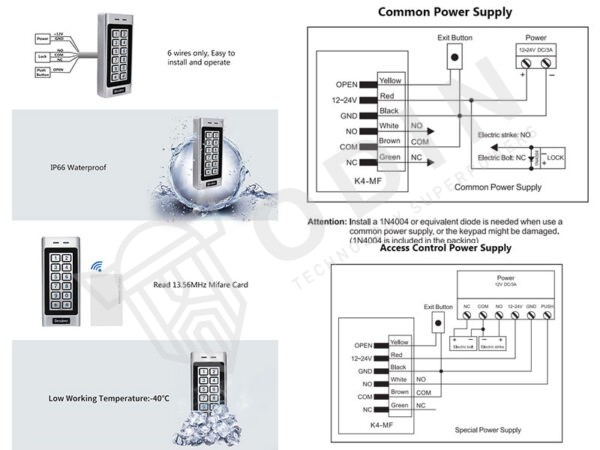 Controllo accessi standalone IP66 con tastiera e lettore mifare 13,56 mhz waterproof