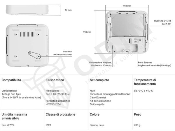 Ajax Nvr videoregistratore 8 canali di rete per telecamere Onvif fino a 4K, HDD 3,5" fino a 16 TB nero