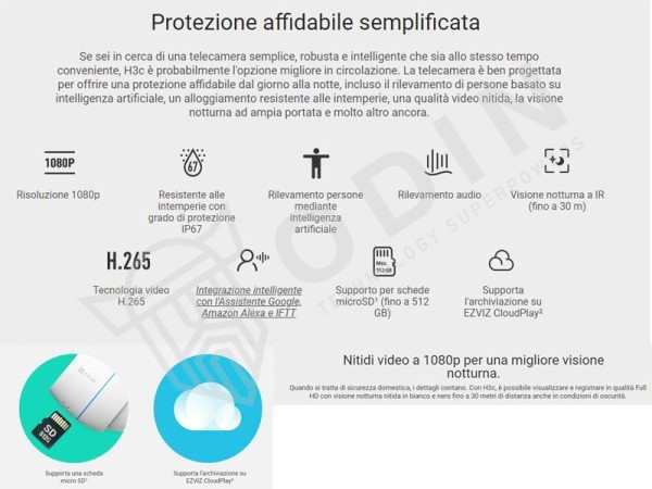 EZVIZ CS-H3C Telecamera 1080P da esterno IP67 wifi 2,4 Ghz con IR fino a 30 mt microfono e visione a colori in notturna