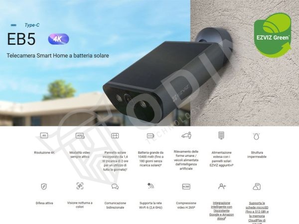 EZVIZ CS-EB5 Telecamera Smart Home a batteria solare 4K con pannello incorporato IP65 colore nero