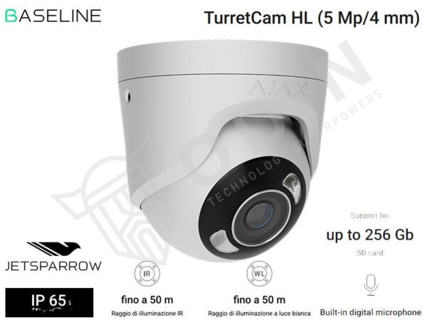 Ajax Telecamera TurretCam HL 126263 IP 5 Megapixel IP65 con microfono 4 mm con slot per micro SD fino a 256GB, IR fino a 50 mt e luce calda