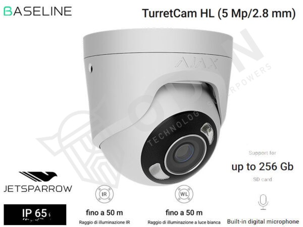Ajax Telecamera TurretCam HL 126261 IP 5 Megapixel IP65 con microfono 2,8 mm con slot per micro SD fino a 256GB, IR fino a 50 mt e luce calda