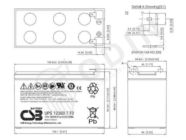 CSB UPS123607 Batteria UPS 12V 360W per APC RIELLO con Faston F2